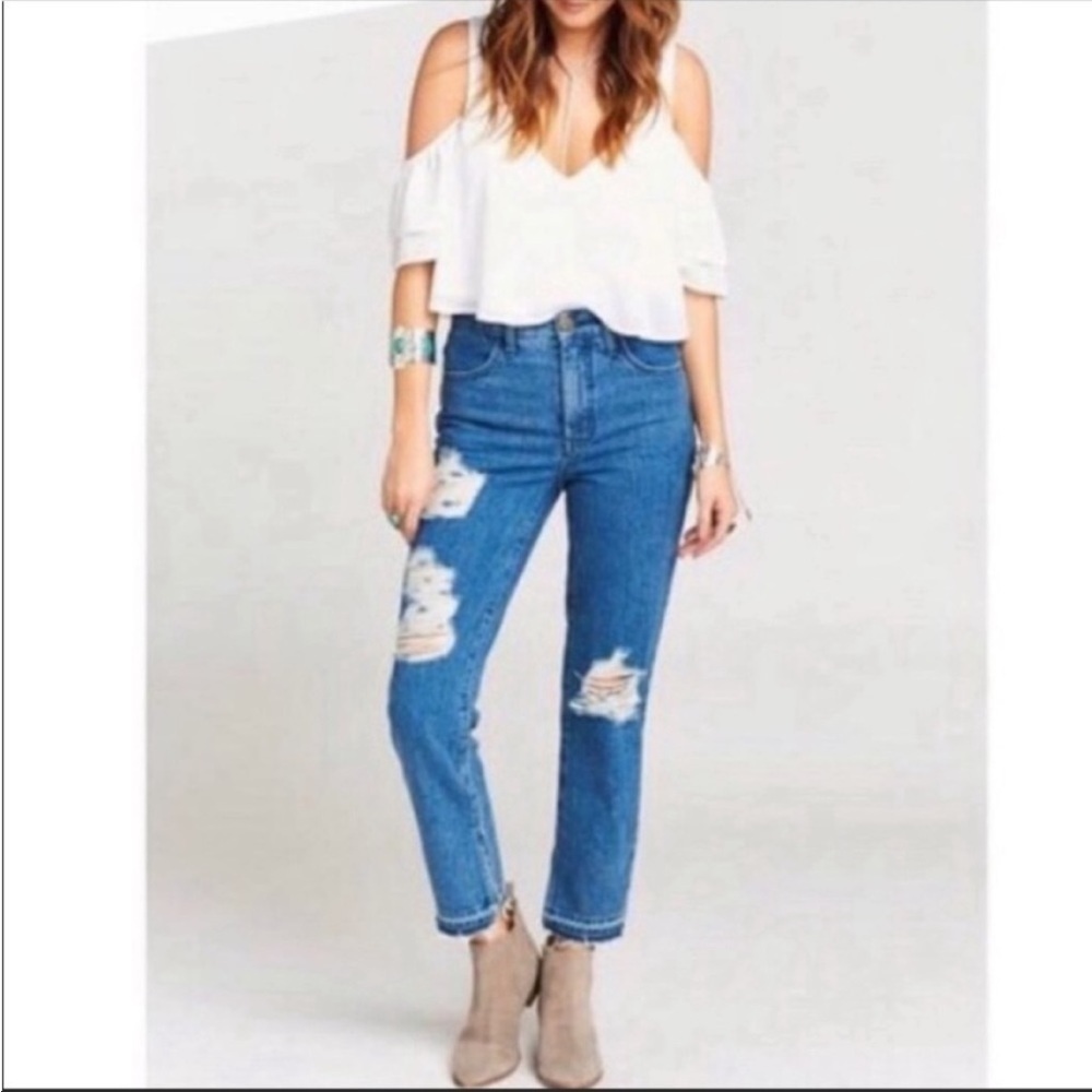 Show Me Your Mumu Brooklyn High Rise Distressed Crop Jeans Blue Size 30 Denim